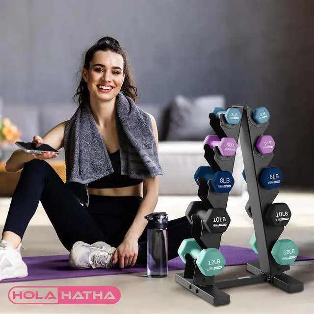 Alt view image 6 of 7 - HolaHatha 1, 2 and 3 lb Neoprene Dumbbell Strength Training Weight Set with Rack