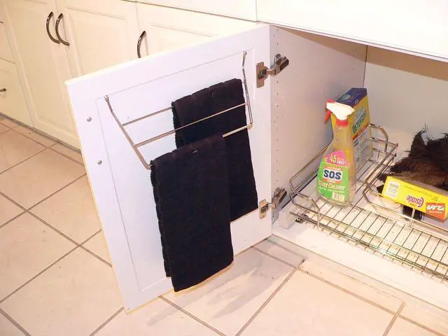 Alt view image 5 of 7 - Rev-A-Shelf Under Sink Towel Holder for Kitchen and Bathroom Cabinets, Door Mount Wire Dish Rag Rack Hanger, Holds 3 Folded Wipes, Chrome, 563-32 C