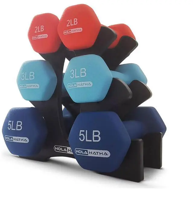 Main image of HolaHatha 1, 2 and 3 lb Neoprene Dumbbell Strength Training Weight Set with Rack
