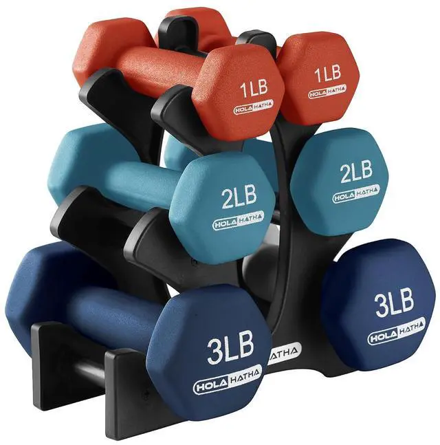 Main image of HolaHatha 1, 2 and 3 lb Neoprene Dumbbell Strength Training Weight Set with Rack