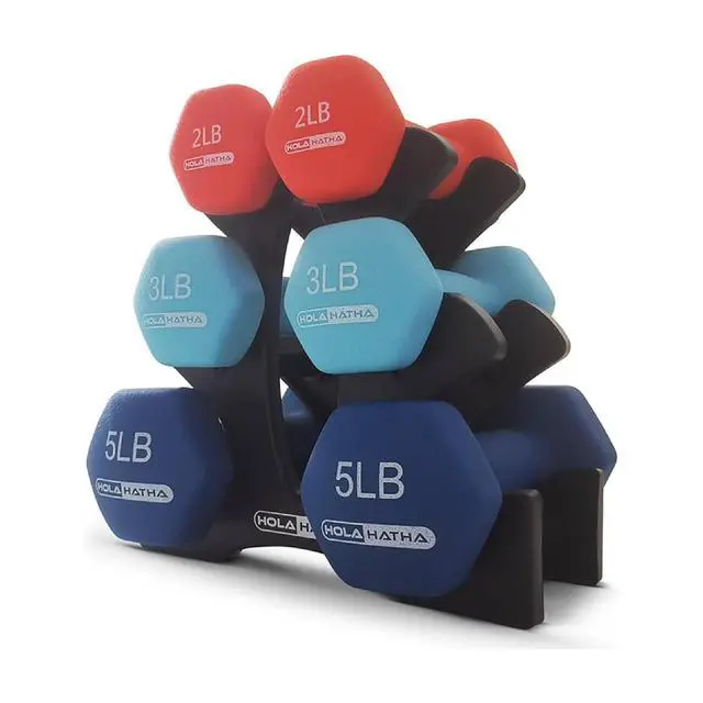 Alt view image 7 of 7 - HolaHatha 1, 2 and 3 lb Neoprene Dumbbell Strength Training Weight Set with Rack
