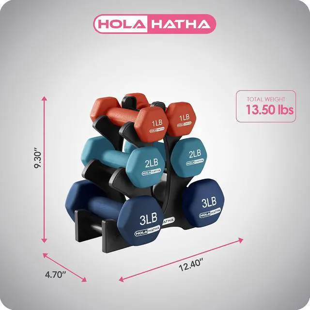 Alt view image 2 of 7 - HolaHatha 1, 2 and 3 lb Neoprene Dumbbell Strength Training Weight Set with Rack