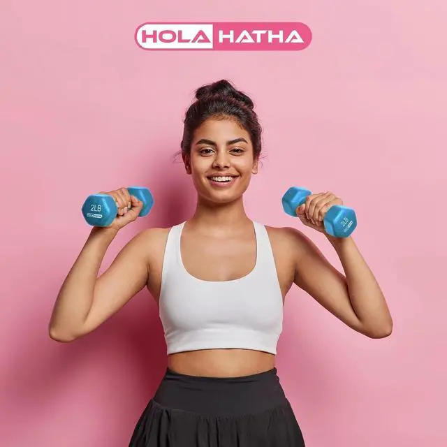 Alt view image 4 of 7 - HolaHatha 1, 2 and 3 lb Neoprene Dumbbell Strength Training Weight Set with Rack