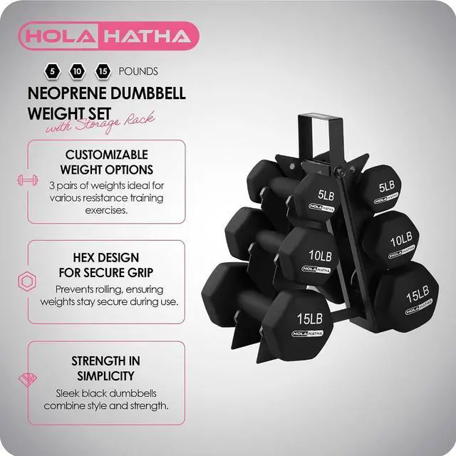 Alt view image 2 of 7 - HolaHatha 1, 2 and 3 lb Neoprene Dumbbell Strength Training Weight Set with Rack