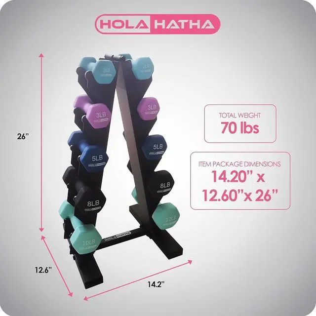 Alt view image 3 of 7 - HolaHatha 1, 2 and 3 lb Neoprene Dumbbell Strength Training Weight Set with Rack