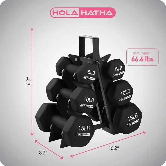 Alt view image 5 of 7 - HolaHatha 1, 2 and 3 lb Neoprene Dumbbell Strength Training Weight Set with Rack