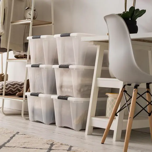 Alt view image 6 of 7 - IRIS USA 6-Pack 32 Quart Storage Bins with Lids, Pearl | Conceals contents for a neat look, Ideal for linens, décor, closet essentials, and household supplies
