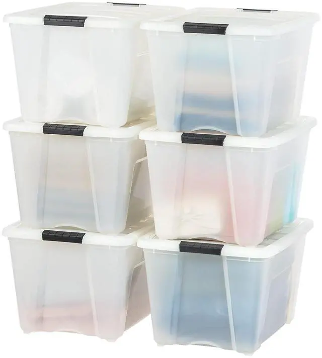 Main image of IRIS USA 6-Pack 54 Quart Storage Bins with Lids, Pearl | Conceals stored items for a clean look, Nestable design saves space between uses