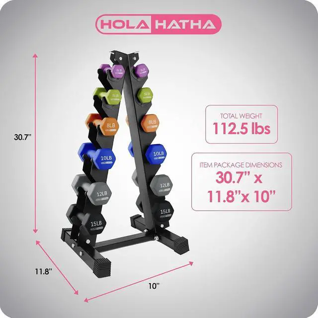 Alt view image 3 of 7 - HolaHatha 1, 2 and 3 lb Neoprene Dumbbell Strength Training Weight Set with Rack