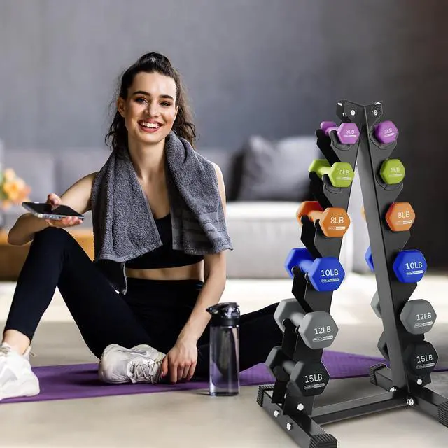 Alt view image 7 of 7 - HolaHatha 1, 2 and 3 lb Neoprene Dumbbell Strength Training Weight Set with Rack