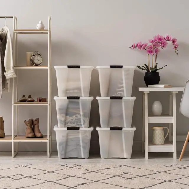 Alt view image 3 of 7 - IRIS USA 6-Pack 54 Quart Storage Bins with Lids, Pearl | Conceals stored items for a clean look, Nestable design saves space between uses
