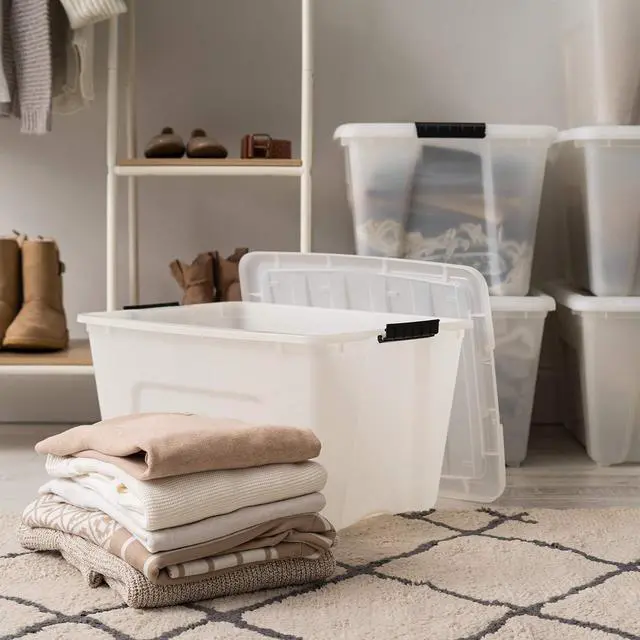 Alt view image 5 of 7 - IRIS USA 6-Pack 54 Quart Storage Bins with Lids, Pearl | Conceals stored items for a clean look, Nestable design saves space between uses