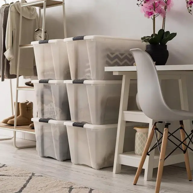 Alt view image 6 of 7 - IRIS USA 6-Pack 54 Quart Storage Bins with Lids, Pearl | Conceals stored items for a clean look, Nestable design saves space between uses