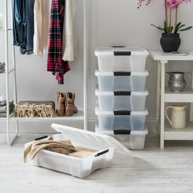 Alt view image 5 of 7 - IRIS USA 6-Pack 27 Quart Storage Bins with Lids, Pearl | Conceals contents for a clean look. Great for linens, décor, closet storage, and supplies. Nestable design saves space