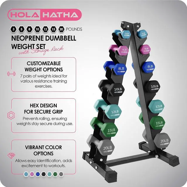 Alt view image 2 of 7 - HolaHatha 1, 2 and 3 lb Neoprene Dumbbell Strength Training Weight Set with Rack