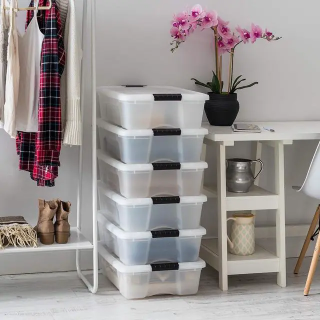 Alt view image 7 of 7 - IRIS USA 6-Pack 27 Quart Storage Bins with Lids, Pearl | Conceals contents for a clean look. Great for linens, décor, closet storage, and supplies. Nestable design saves space