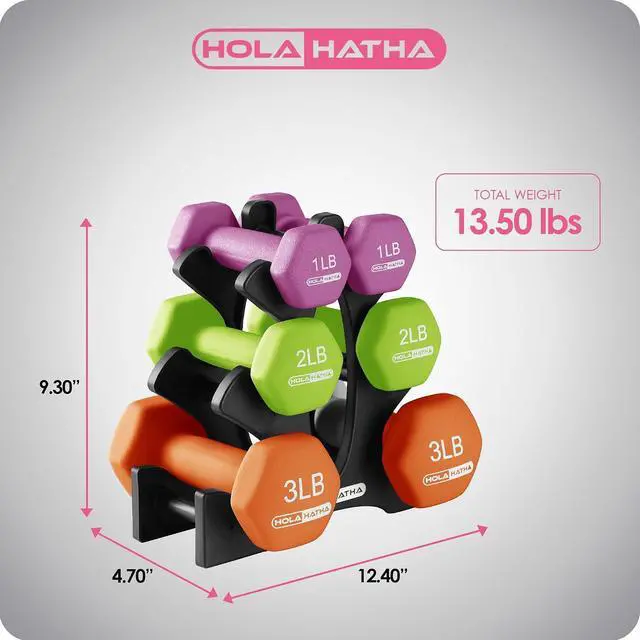 Alt view image 3 of 7 - HolaHatha 1, 2 and 3 lb Neoprene Dumbbell Strength Training Weight Set with Rack
