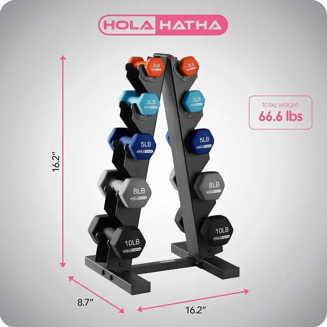 Alt view image 3 of 7 - HolaHatha 1, 2 and 3 lb Neoprene Dumbbell Strength Training Weight Set with Rack