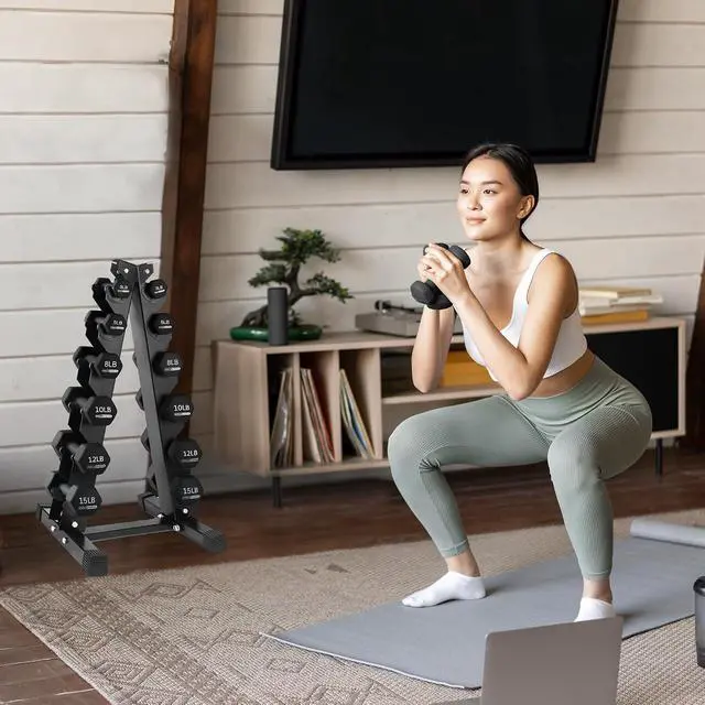 Alt view image 5 of 7 - HolaHatha 1, 2 and 3 lb Neoprene Dumbbell Strength Training Weight Set with Rack