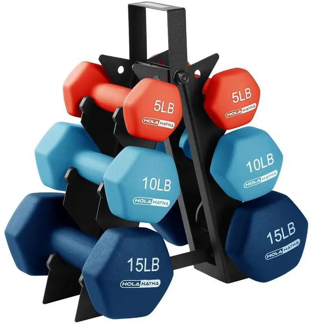Main image of HolaHatha 1, 2 and 3 lb Neoprene Dumbbell Strength Training Weight Set with Rack