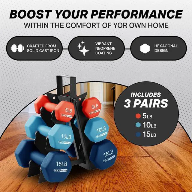 Alt view image 2 of 7 - HolaHatha 1, 2 and 3 lb Neoprene Dumbbell Strength Training Weight Set with Rack