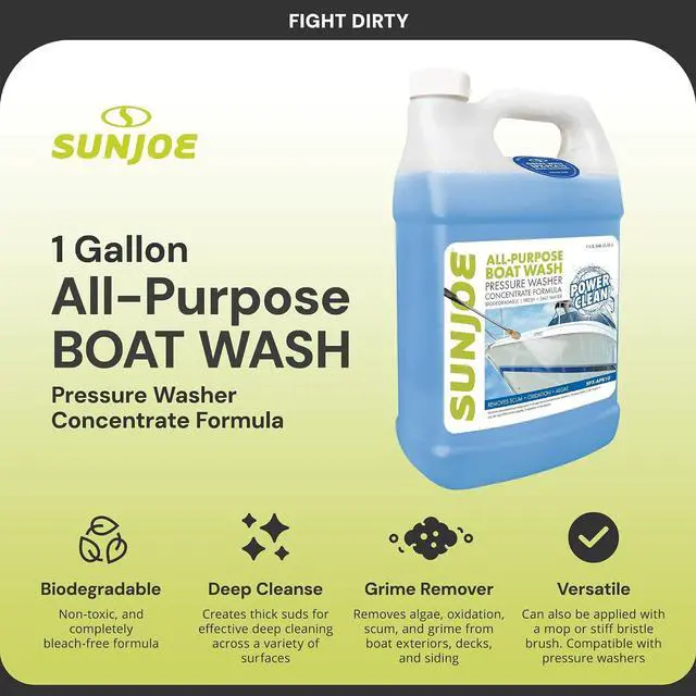 Alt view image 2 of 7 - Sun Joe All-Purpose Boat Wash Cleaner for Pressure Washer, Concentrate Formula, Citrus Scent, 1 Gallon - Marine Cleaning Solution for Metal, Wood, Fiberglass, and Exterior Surfaces, SPX-APBW1G