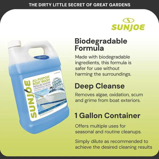 Alt view image 3 of 7 - Sun Joe All-Purpose Boat Wash Cleaner for Pressure Washer, Concentrate Formula, Citrus Scent, 1 Gallon - Marine Cleaning Solution for Metal, Wood, Fiberglass, and Exterior Surfaces, SPX-APBW1G