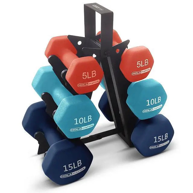 Alt view image 6 of 7 - HolaHatha 1, 2 and 3 lb Neoprene Dumbbell Strength Training Weight Set with Rack