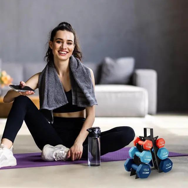 Alt view image 5 of 7 - HolaHatha 1, 2 and 3 lb Neoprene Dumbbell Strength Training Weight Set with Rack