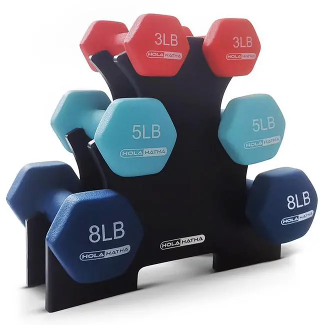 Main image of HolaHatha 1, 2 and 3 lb Neoprene Dumbbell Strength Training Weight Set with Rack