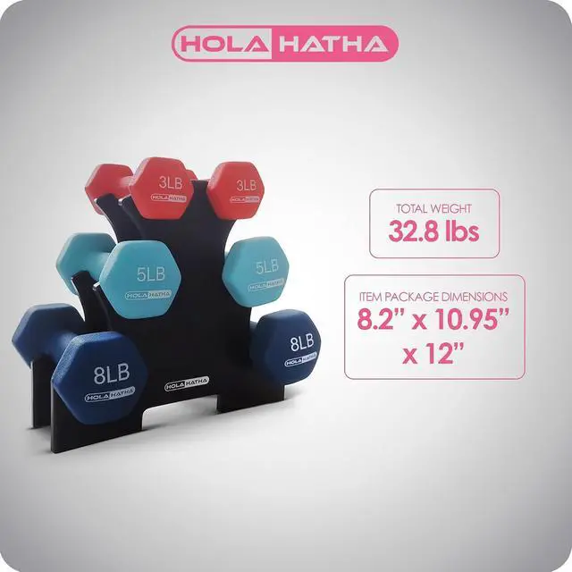 Alt view image 3 of 7 - HolaHatha 1, 2 and 3 lb Neoprene Dumbbell Strength Training Weight Set with Rack