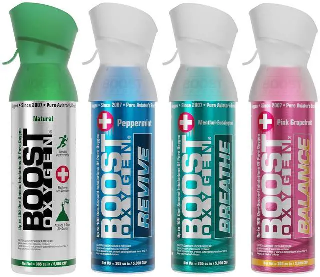 Main image of Boost Oxygen Medium Variety Collection, 4 Pack | Balanced Combination of Portability & O2 Capacity Natural, Peppermint, Menthol & Grapefruit Aromas For Hikes & Day Trips