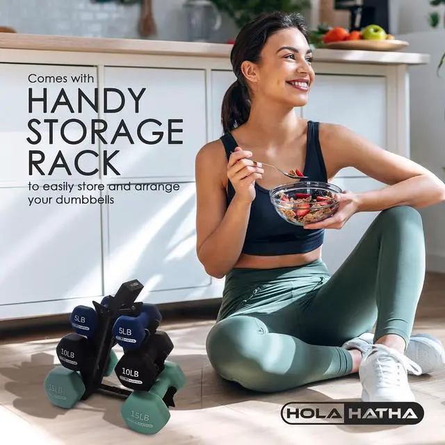 Alt view image 4 of 7 - HolaHatha 1, 2 and 3 lb Neoprene Dumbbell Strength Training Weight Set with Rack