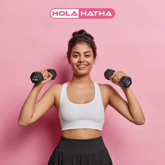 Alt view image 5 of 7 - HolaHatha 1, 2 and 3 lb Neoprene Dumbbell Strength Training Weight Set with Rack