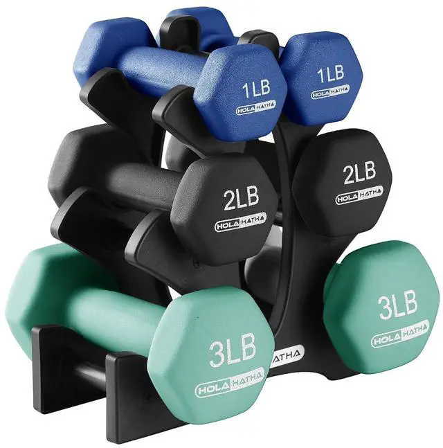 Main image of HolaHatha 1, 2 and 3 lb Neoprene Dumbbell Strength Training Weight Set with Rack