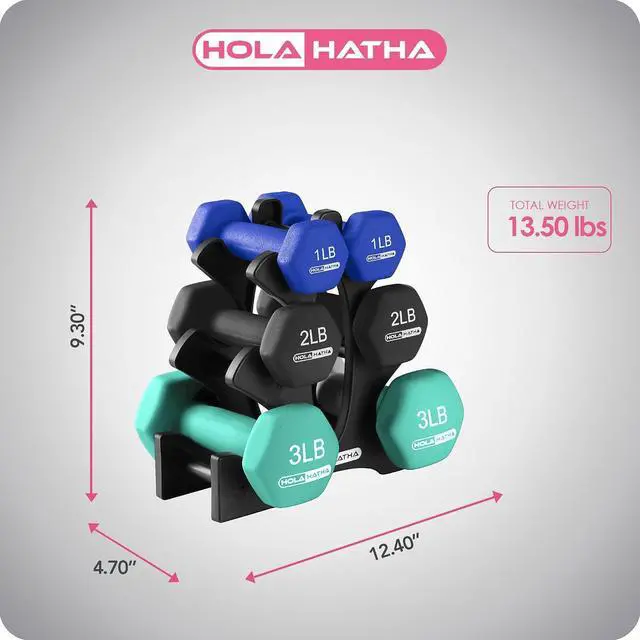 Alt view image 3 of 7 - HolaHatha 1, 2 and 3 lb Neoprene Dumbbell Strength Training Weight Set with Rack