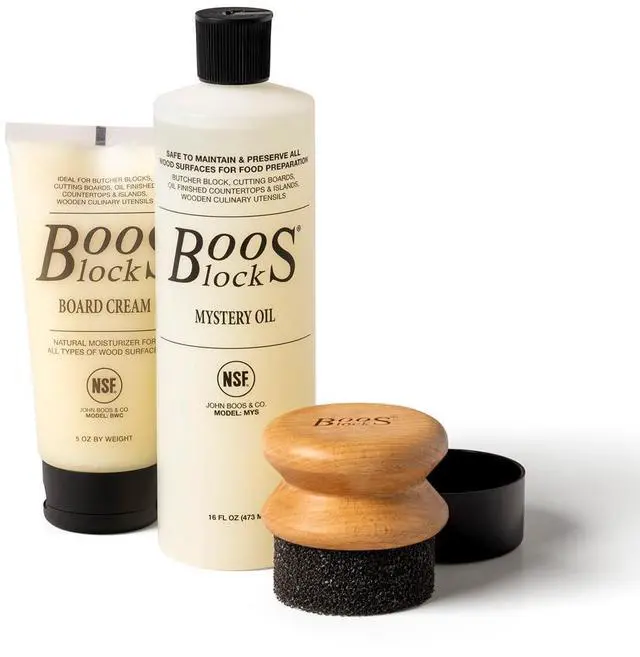 Main image of John Boos 3-Piece All-Natural Care & Maintenance Set | 16 oz Mystery Oil, 5 oz Board Cream & Round Applicator for Butcher Blocks, Cutting Boards, Wood Countertops & Wooden Utensils