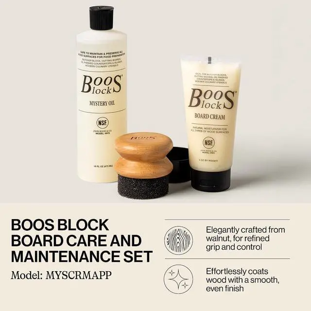 Alt view image 2 of 7 - John Boos 3-Piece All-Natural Care & Maintenance Set | 16 oz Mystery Oil, 5 oz Board Cream & Round Applicator for Butcher Blocks, Cutting Boards, Wood Countertops & Wooden Utensils