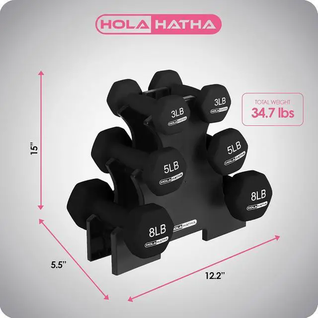 Alt view image 3 of 7 - HolaHatha 1, 2 and 3 lb Neoprene Dumbbell Strength Training Weight Set with Rack
