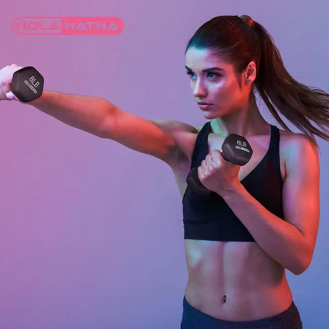 Alt view image 5 of 7 - HolaHatha 1, 2 and 3 lb Neoprene Dumbbell Strength Training Weight Set with Rack