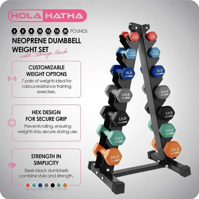 Alt view image 2 of 7 - HolaHatha 1, 2 and 3 lb Neoprene Dumbbell Strength Training Weight Set with Rack