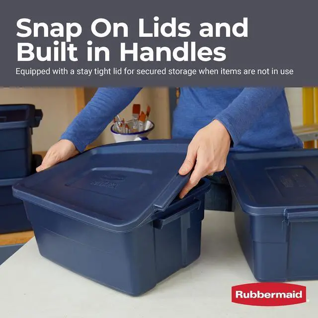 Alt view image 3 of 7 - Rubbermaid Roughneck Tote 3 Gal, 6 Pack, Made in USA, Dark Indigo Metallic, Rugged Plastic Stackable Storage Bins with Lids and Handles
