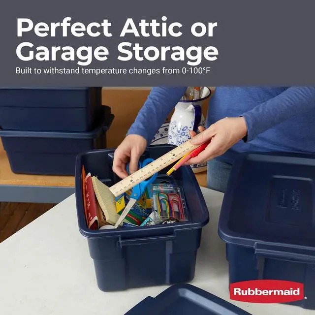 Alt view image 4 of 7 - Rubbermaid Roughneck Tote 3 Gal, 6 Pack, Made in USA, Dark Indigo Metallic, Rugged Plastic Stackable Storage Bins with Lids and Handles