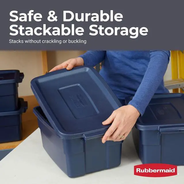 Alt view image 5 of 7 - Rubbermaid Roughneck Tote 3 Gal, 6 Pack, Made in USA, Dark Indigo Metallic, Rugged Plastic Stackable Storage Bins with Lids and Handles
