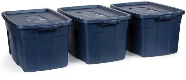 Main image of Rubbermaid Roughneck Tote 31 Gal, 3 Pack, Made in USA, Dark Indigo Metallic, Rugged Plastic Stackable Storage Bins with Lids and Handles