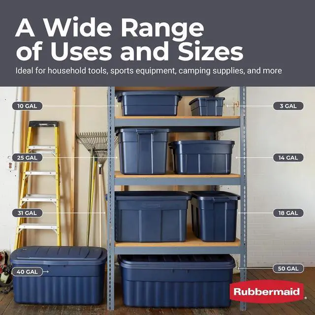 Alt view image 7 of 7 - Rubbermaid Roughneck Tote 3 Gal, 6 Pack, Made in USA, Dark Indigo Metallic, Rugged Plastic Stackable Storage Bins with Lids and Handles