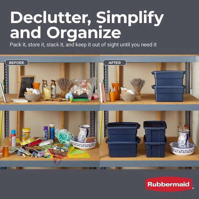 Alt view image 6 of 7 - Rubbermaid Roughneck Tote 3 Gal, 6 Pack, Made in USA, Dark Indigo Metallic, Rugged Plastic Stackable Storage Bins with Lids and Handles