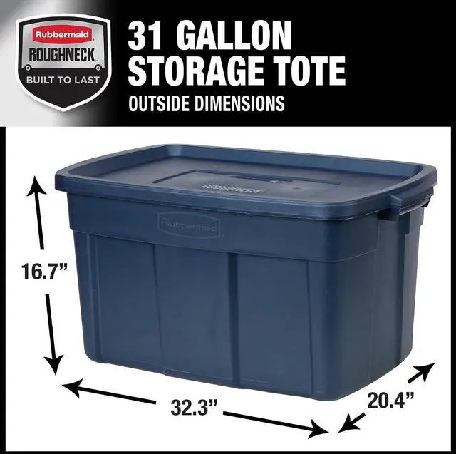 Alt view image 2 of 6 - Rubbermaid Roughneck Tote 31 Gal, 3 Pack, Made in USA, Dark Indigo Metallic, Rugged Plastic Stackable Storage Bins with Lids and Handles