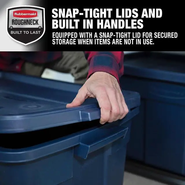 Alt view image 3 of 6 - Rubbermaid Roughneck Tote 31 Gal, 3 Pack, Made in USA, Dark Indigo Metallic, Rugged Plastic Stackable Storage Bins with Lids and Handles