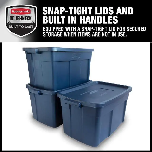 Alt view image 4 of 6 - Rubbermaid Roughneck Tote 31 Gal, 3 Pack, Made in USA, Dark Indigo Metallic, Rugged Plastic Stackable Storage Bins with Lids and Handles